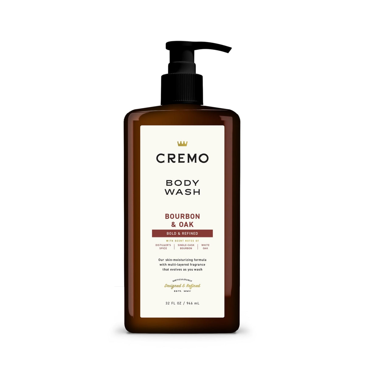 Cremo front pump bottle showing Bourbon & Oak label and easy dispensing benefit