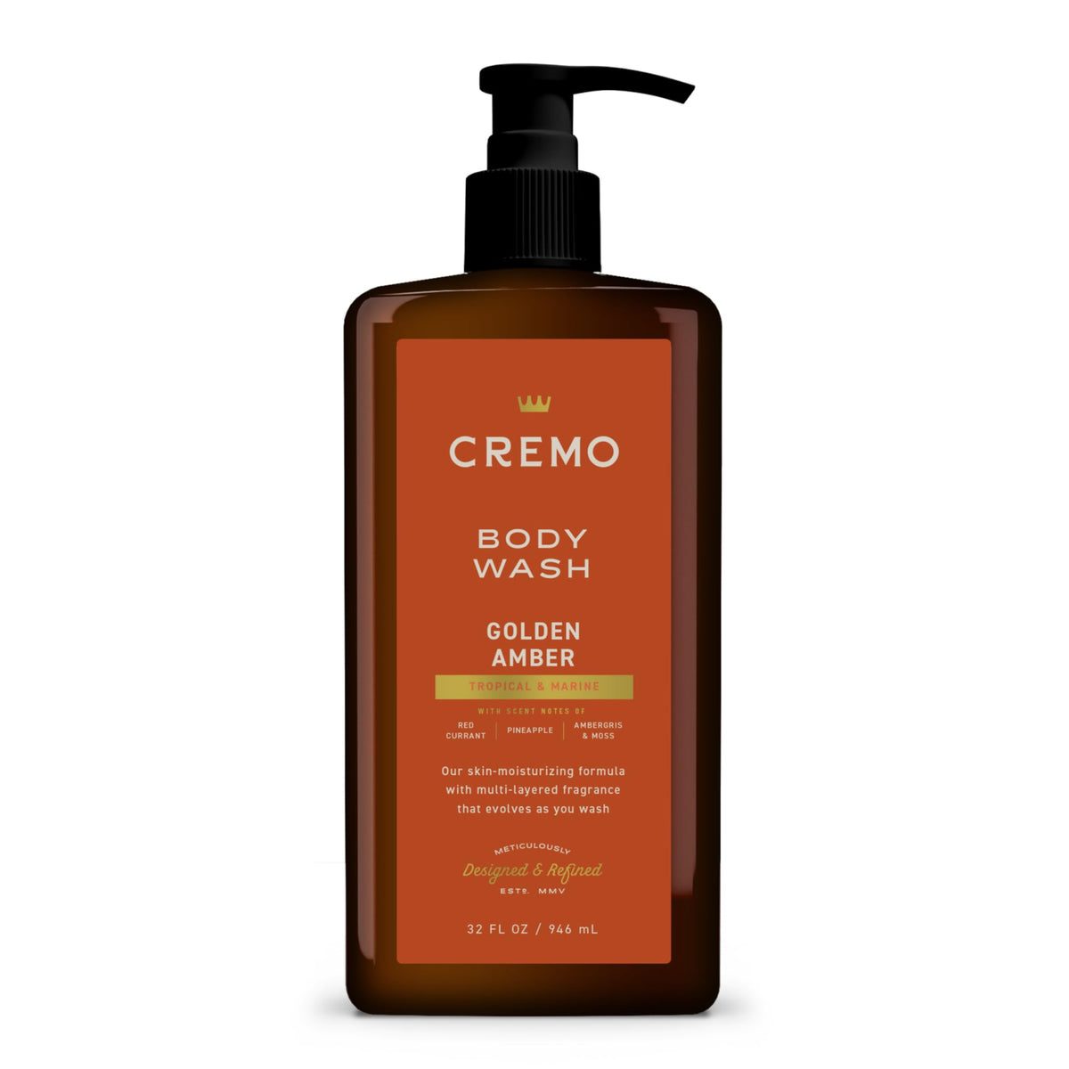 Cremo Golden Amber front bottle showing fragrance and moisturizing benefit
