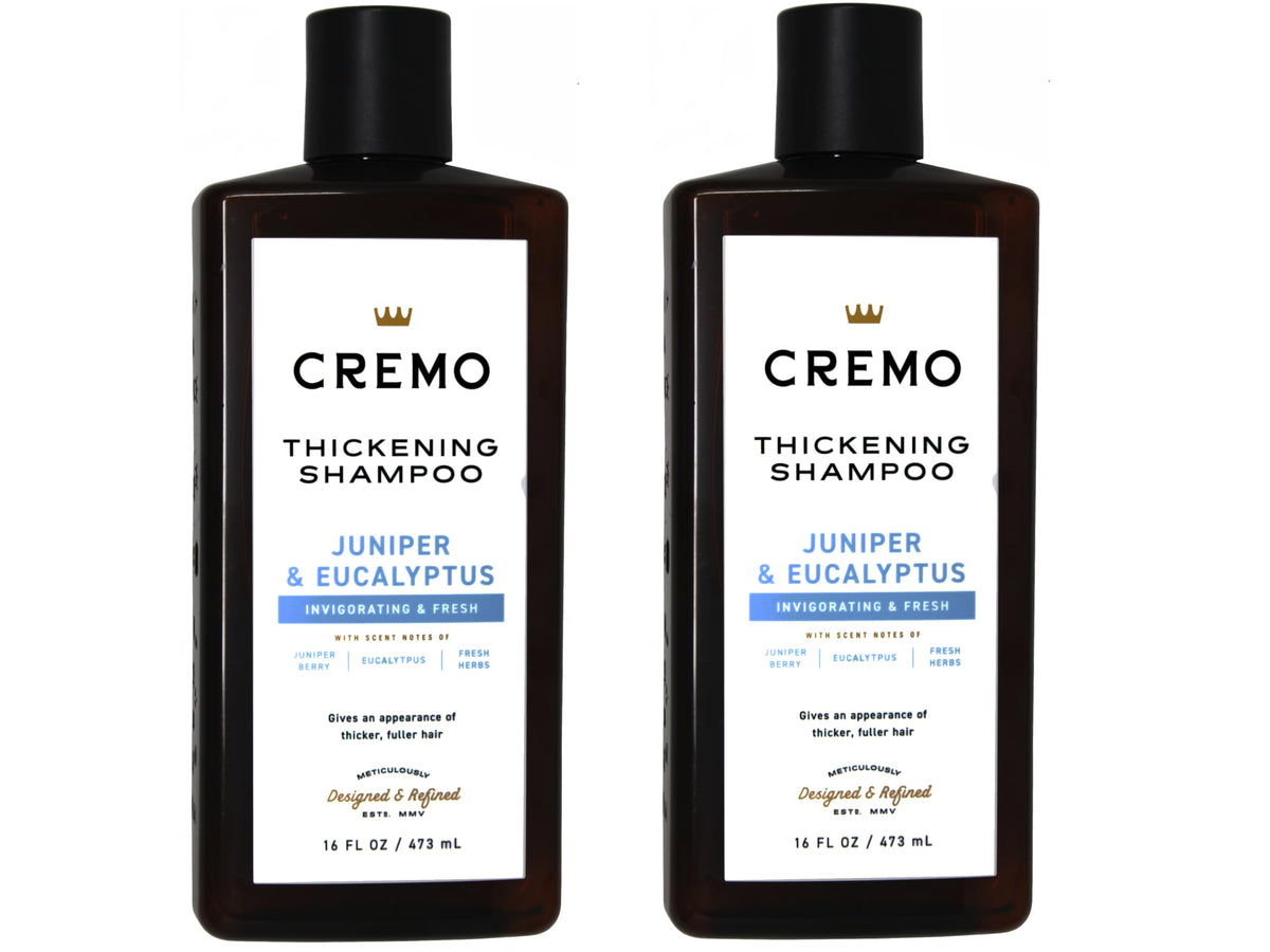 Cremo front label showing juniper and eucalyptus scent and volume benefit