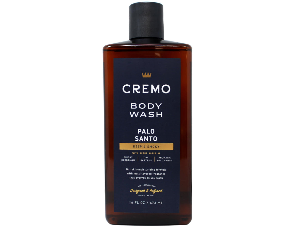 Cremo Palo Santo bottle close-up highlighting woodsy notes and premium scent