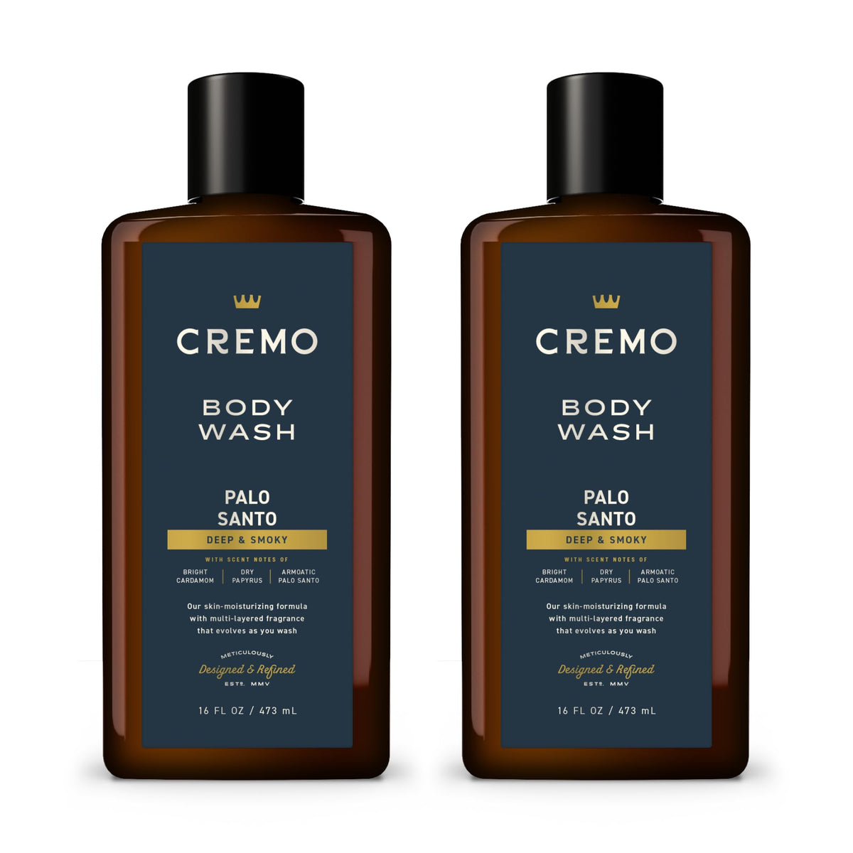 Cremo front packaging showing the Palo Santo Reserve Collection and elegant bottle benefit: premium look
