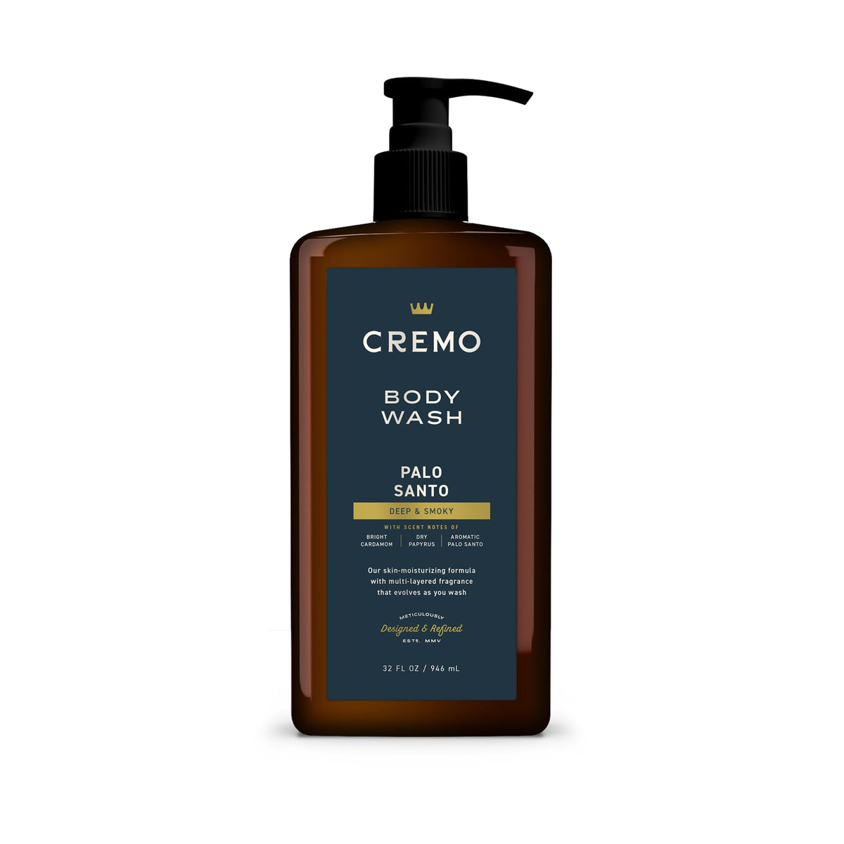 Cremo bottle front view showing pump and label with easy dispensing benefit