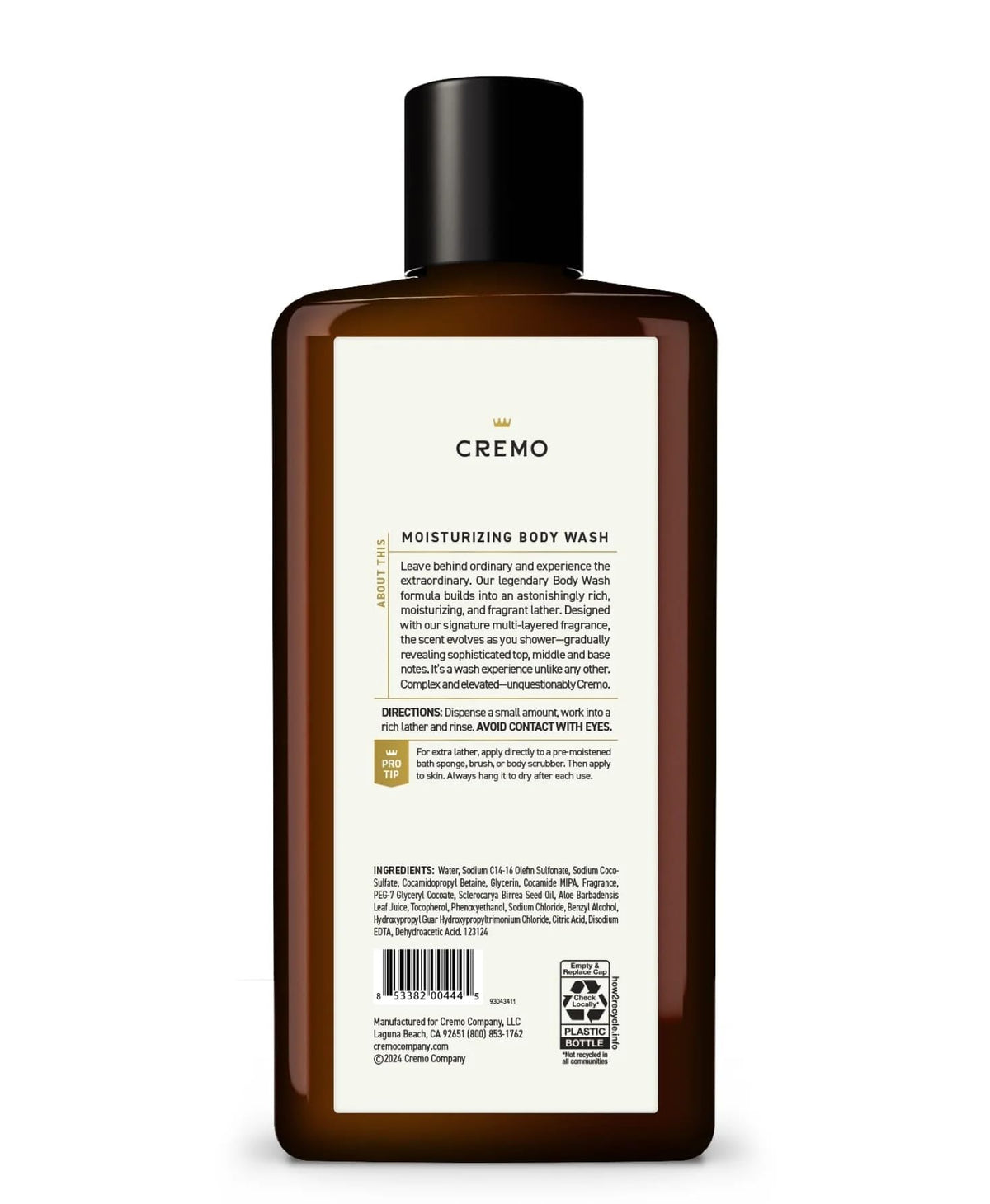 Cremo close-up of ingredient and directions label, reveals product details and use
