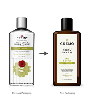 Cremo bottle pouring rich white lather into hand, shows creamy moisturized cleanse