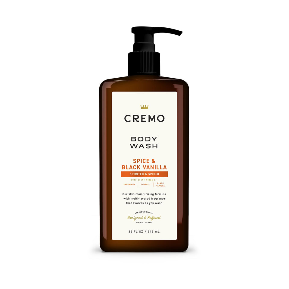 Cremo front packaging showing 32 oz pump and label, highlights convenience