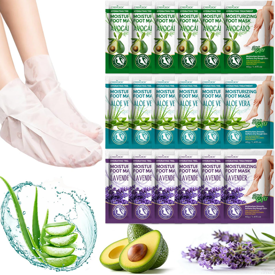 CRISTALBOX front packaging showing 18 moisturizing foot masks and value pack benefit