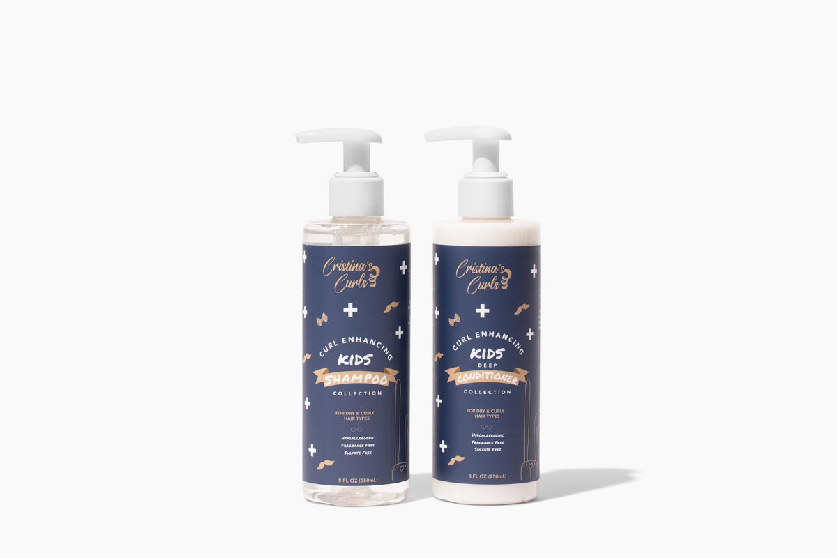 Cristina's Curls bottles held in hands showing size and child-friendly packaging