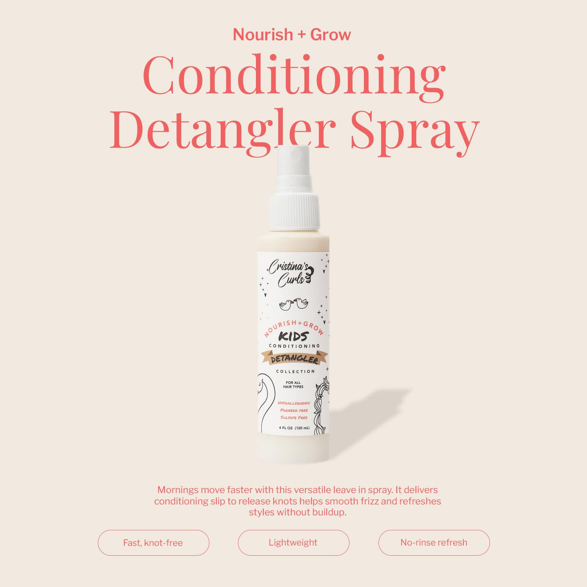 Cristina's Curls spray nozzle closeup demonstrating even mist for easy, no-pull detangling