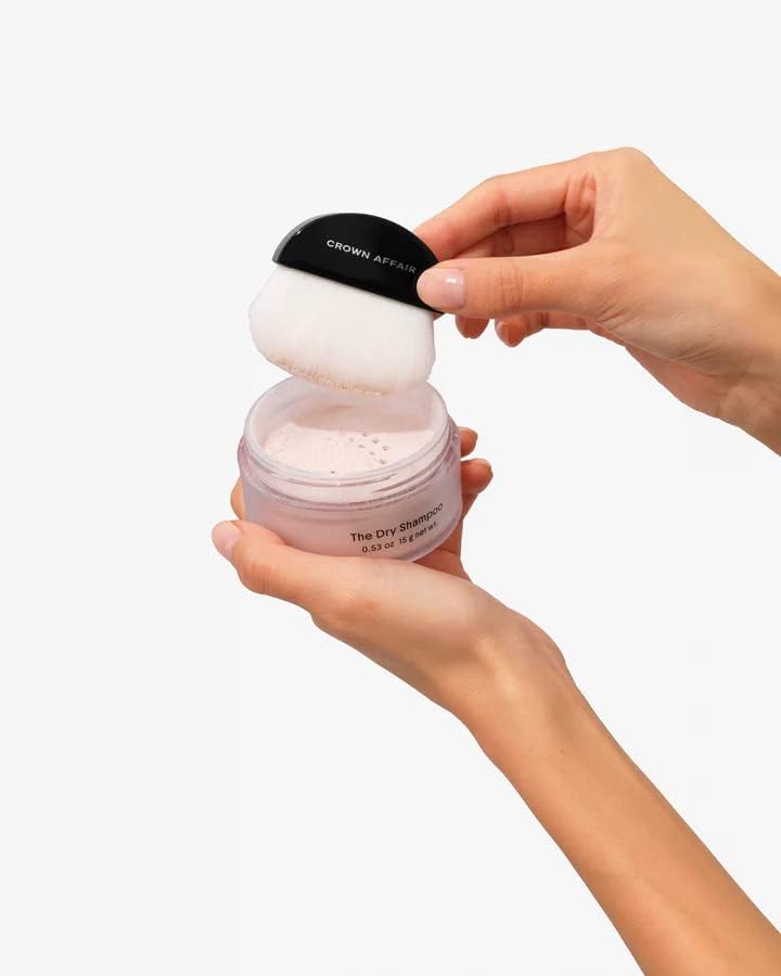 CROWN AFFAIR dry shampoo next to everyday items illustrating compact travel size