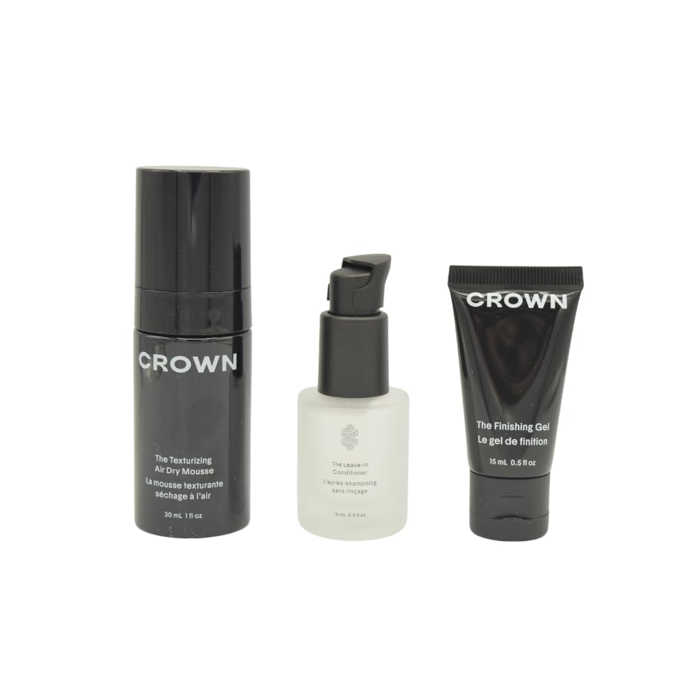 Crown Affair minis flatlay in travel bag conveying on-the-go frizz control benefit
