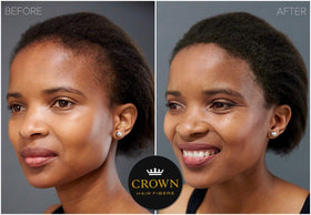 CROWN TWENTY1 label and ingredients closeup showing keratin-based fiber composition for realistic texture