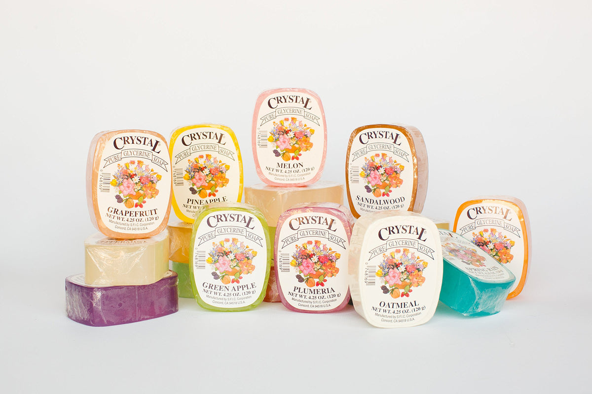 Crystal glycerine soap front packaging showing 24 fragrance variety and benefits