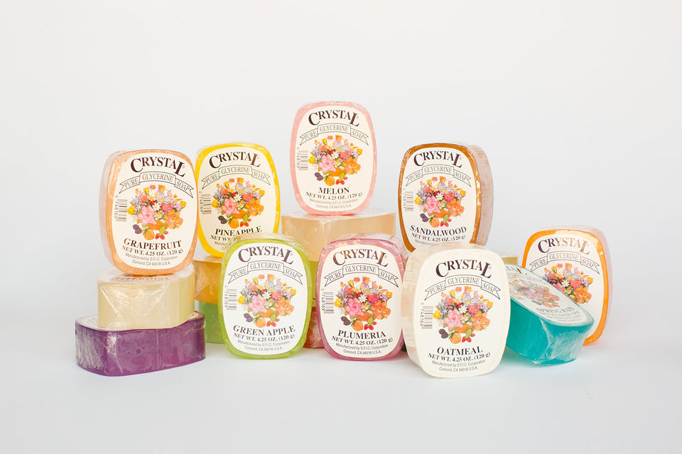 Crystal glycerine soap front packaging showing 24 fragrance variety and benefits