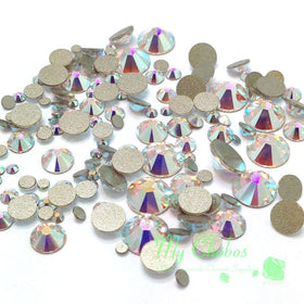 Crystal-Wholesale Swarovski flatbacks front packaging showing 144-piece mixed set benefit: full-size variety