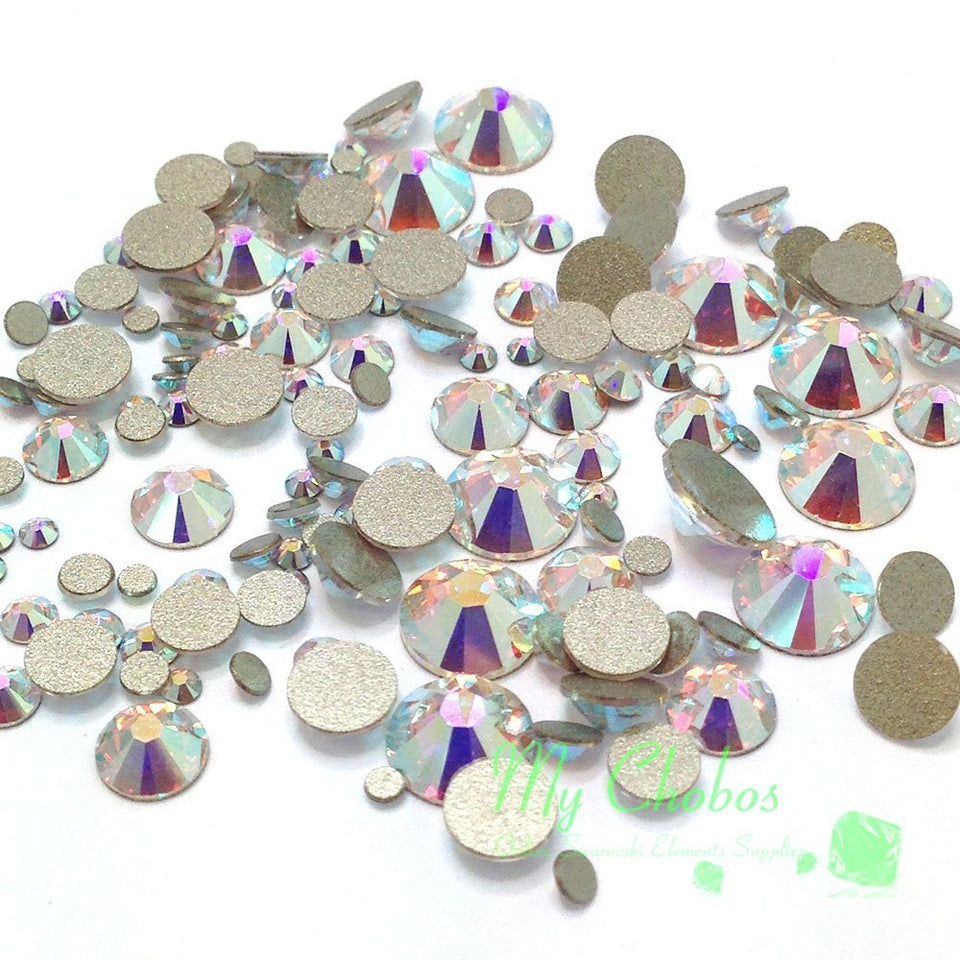 Crystal-Wholesale Swarovski flatbacks front packaging showing 144-piece mixed set benefit: full-size variety