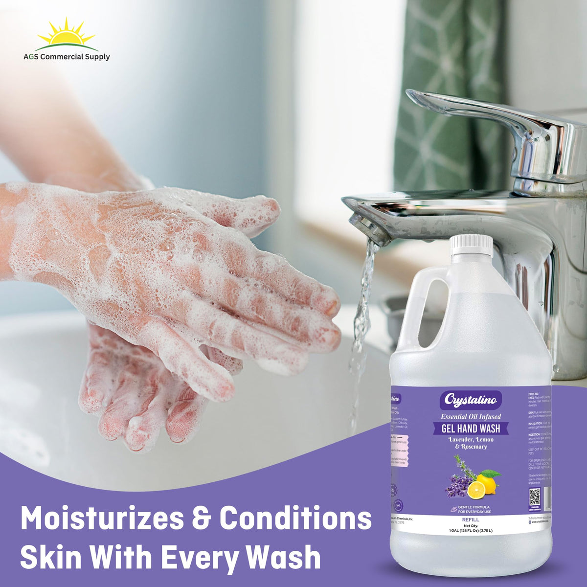 Crystalino gallon placed in bathroom setting, highlighting eco-friendly bulk refill convenience