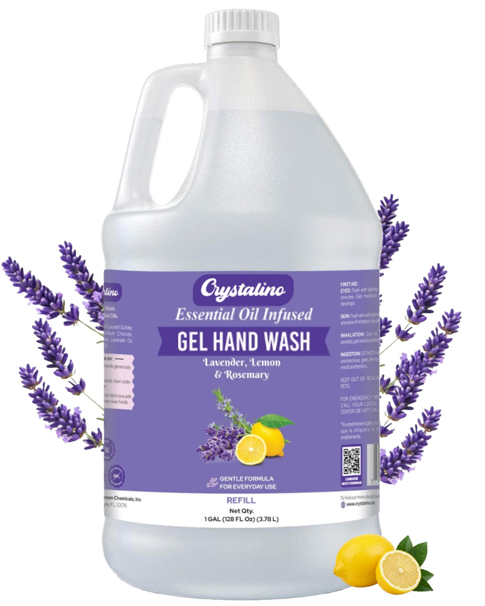 Crystalino gallon front label showing product name and lavender scent for clear identification