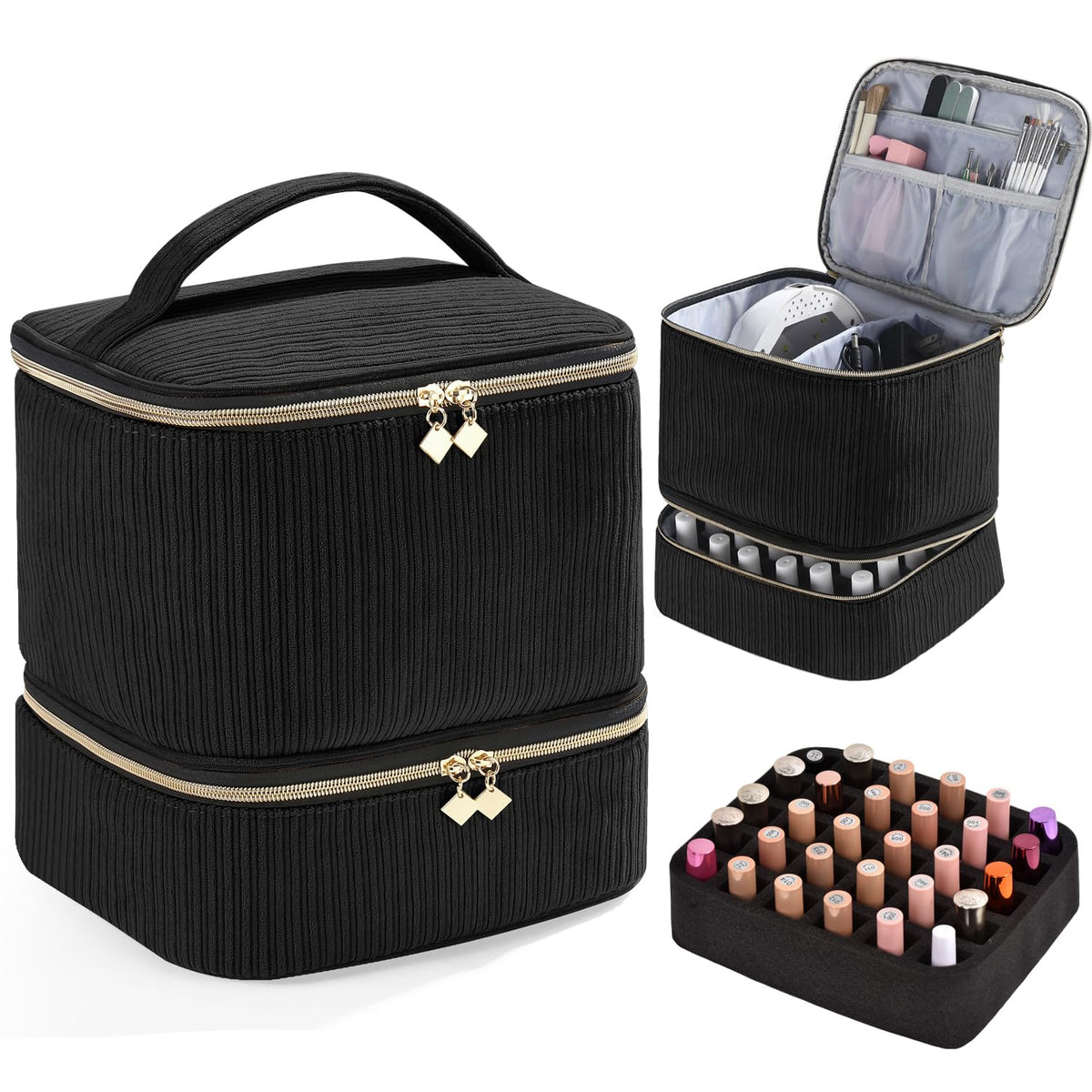 CTWWFS front view of closed corduroy organizer showing secure handle and zipper for easy transport