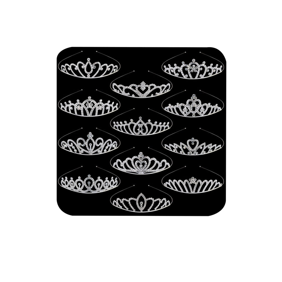 CUBACO front view of 12-piece tiara set showing sparkly crowns and silver finish