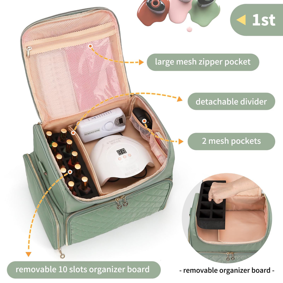CUBETASTIC removable 10-slot board close-up showing secure sponge slots for larger bottles