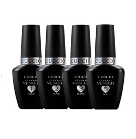 Cuccio bottles lined up Prep Fuse Base Top showcasing system order and professional use