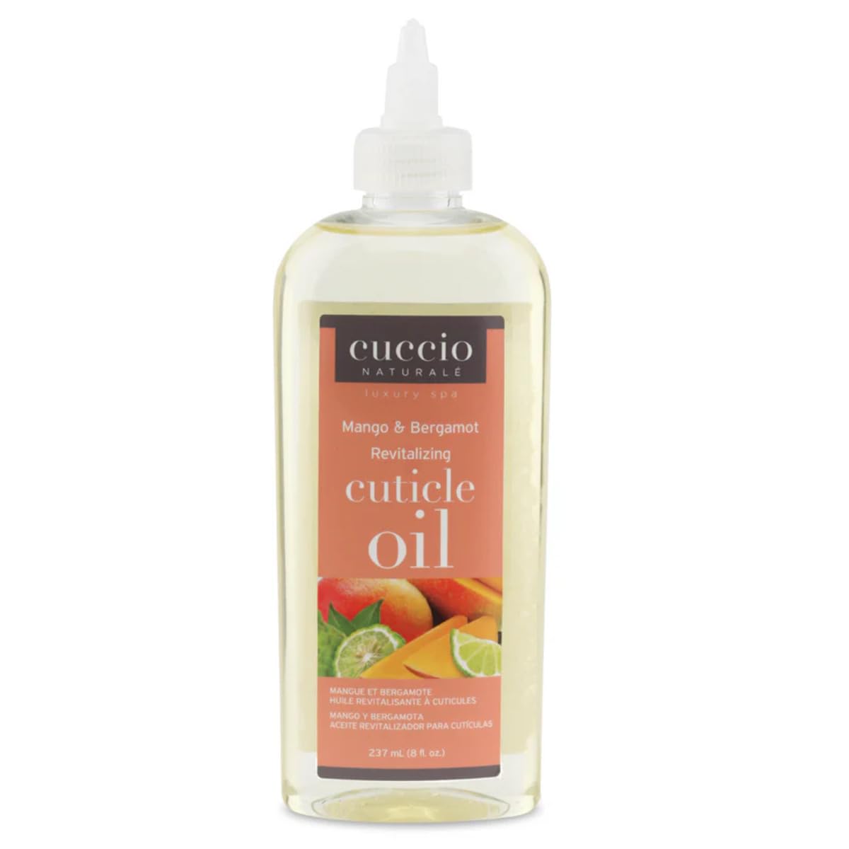 Cuccio bottle front view showing label and mango bergamot scent benefits