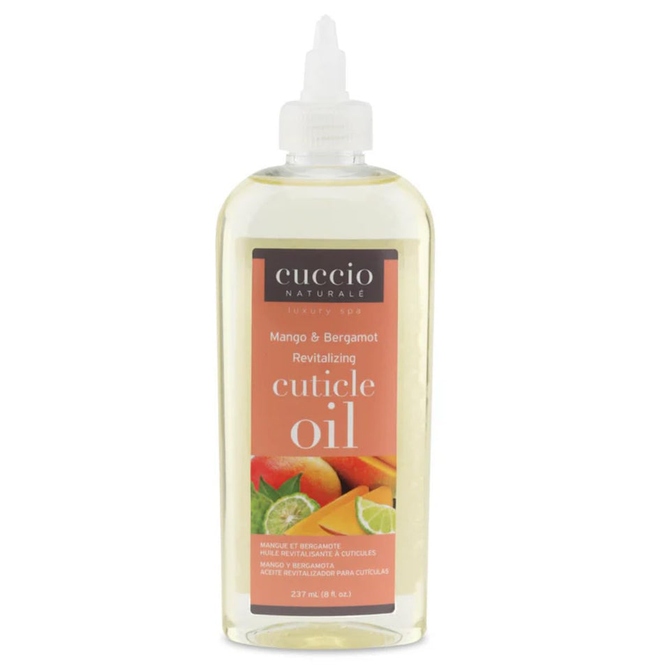 Cuccio bottle front view showing label and mango bergamot scent benefits