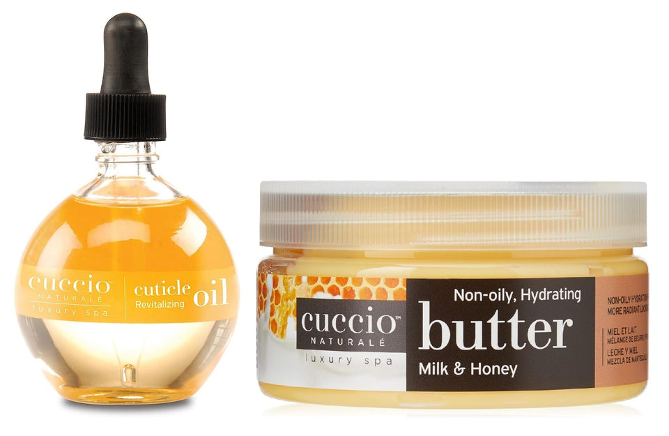 Cuccio front packaging showing oil and Milk & Honey butter blend moisturizing benefits
