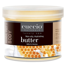 Cuccio Naturale jar front packaging showing Milk & Honey Butter Blend and size 26 oz for generous hydration