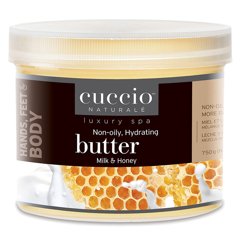 Cuccio Naturale jar front packaging showing Milk & Honey Butter Blend and size 26 oz for generous hydration