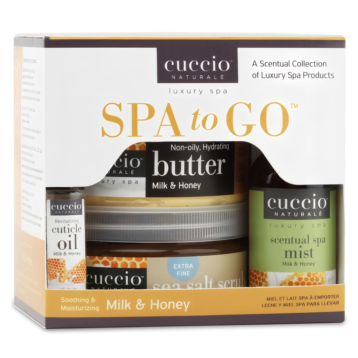 Cuccio front packaging of Milk & Honey spa kit showing contents benefit hydration