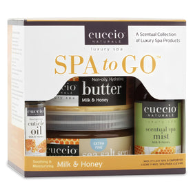 Cuccio front packaging of Milk & Honey spa kit showing contents benefit hydration