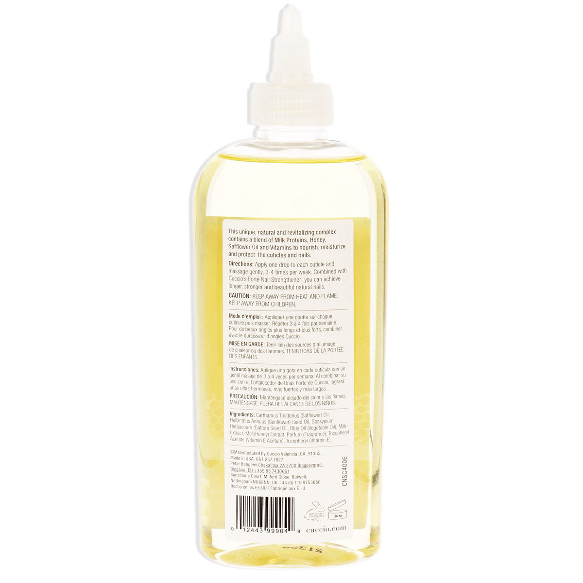 Cuccio close-up texture with oil dropper, fast-absorbing hydration for cuticles and nails