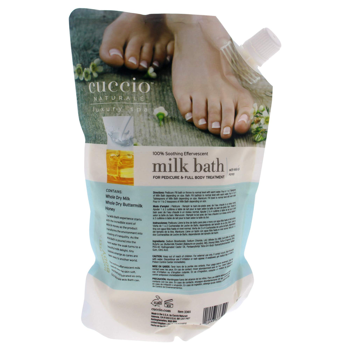 Cuccio Naturale milk bath fizzing around feet in bowl showing softening soak benefit