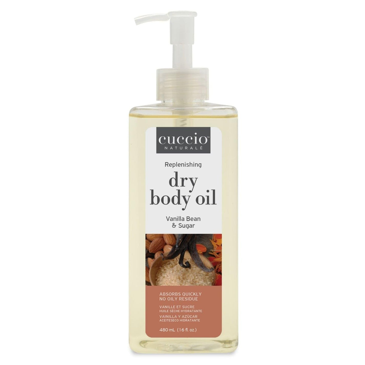 Cuccio front packaging showing bottle and warm vanilla sugar scent benefit