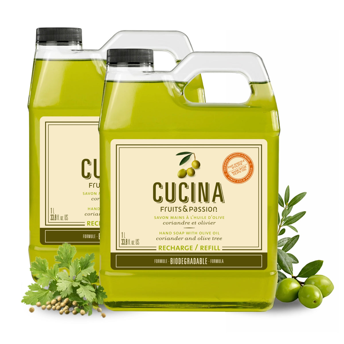 Cucina front packaging showing 1L refill jug, sustainable and gentle