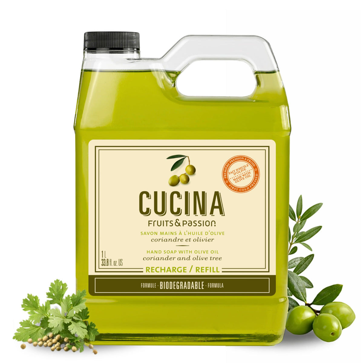 Cucina front packaging showing coriander and olive tree scent, highlights eco benefits