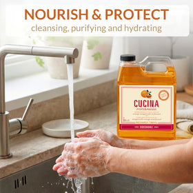 Cucina refill being poured into a pump bottle for easy top-up