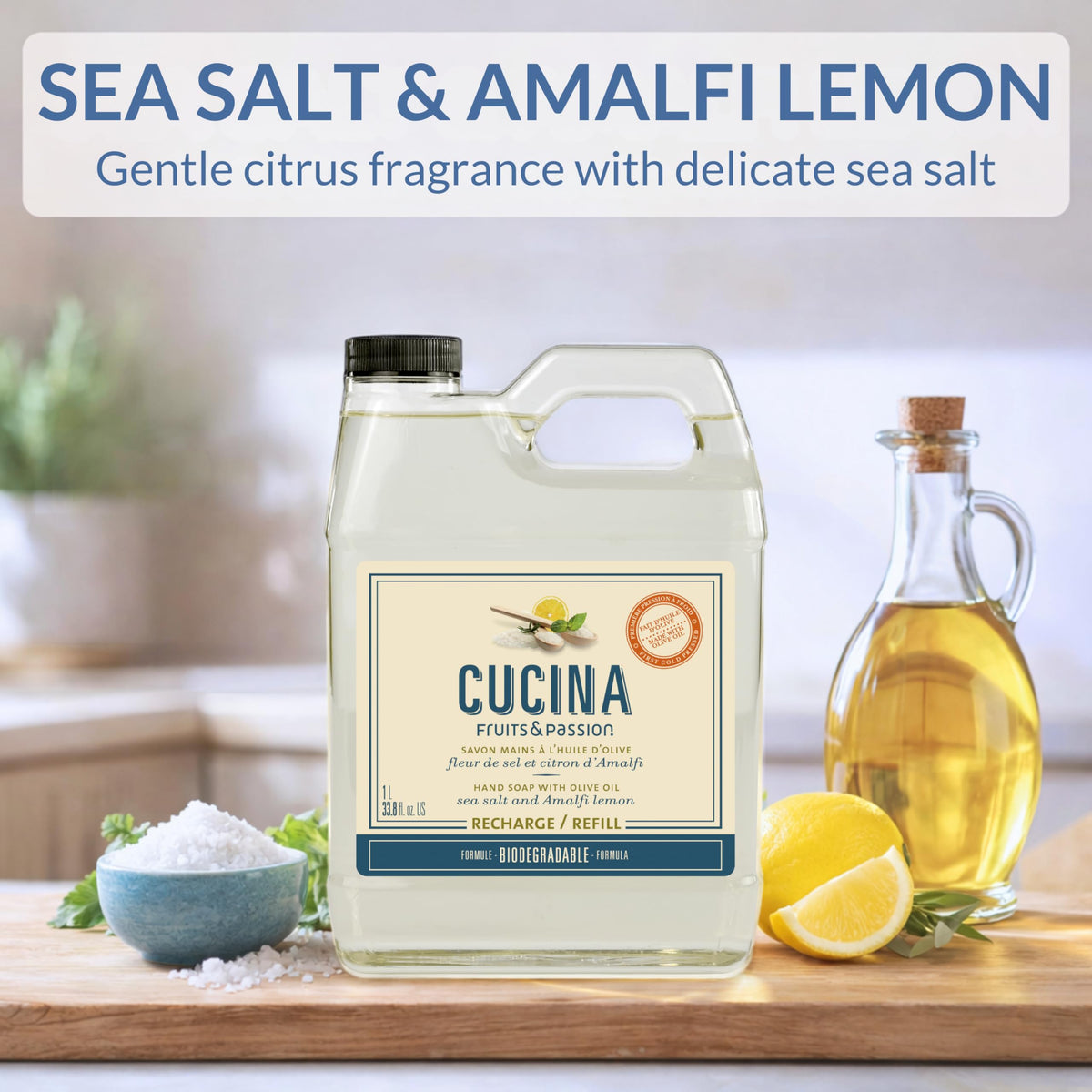 Cucina label close-up highlighting olive oil and plant-based ingredients benefits
