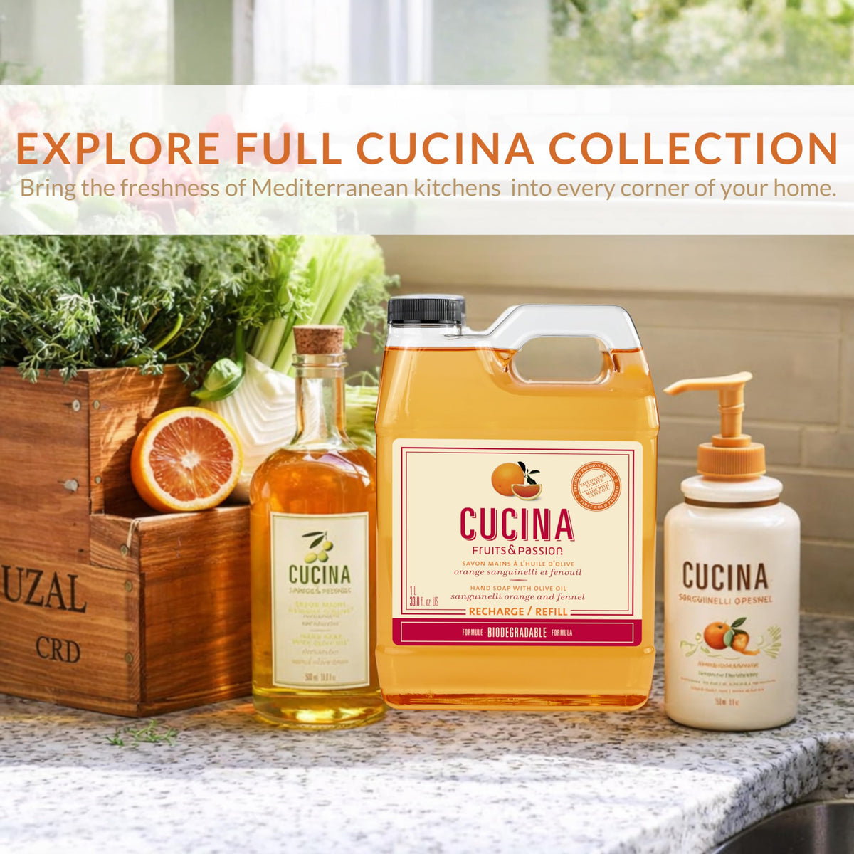 Cucina label close-up highlighting olive oil and vegan formula