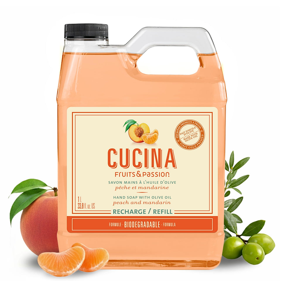 Cucina front label showing peach and mandarin scent and volume benefit