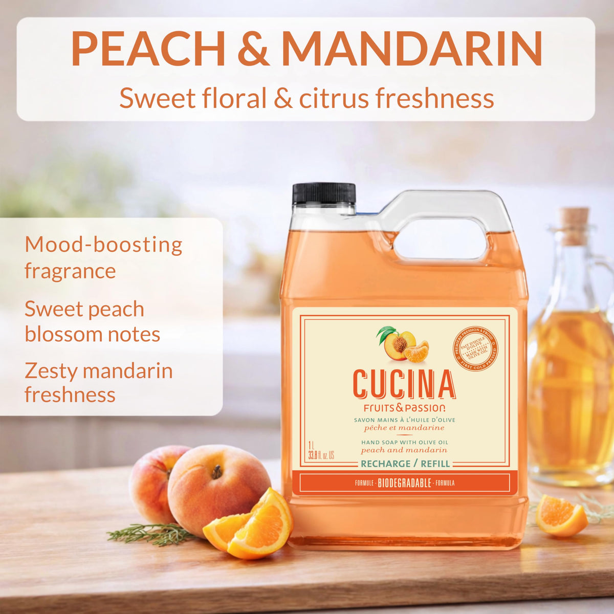 Cucina pouring liquid from refill into dispenser for easy refill benefit