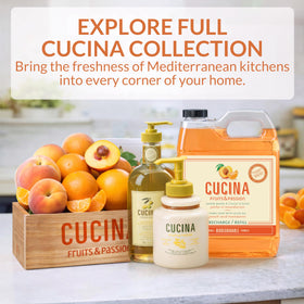 Cucina bottle next to everyday items showing 1 L size and value benefit