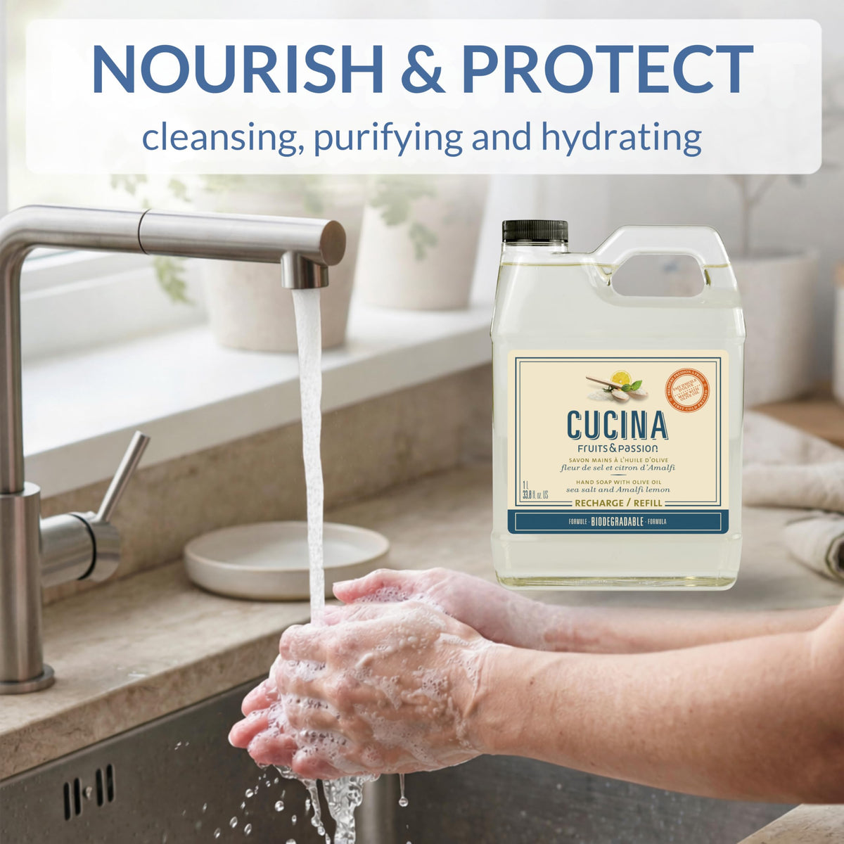 Cucina pouring refill into dispenser for easy, mess-free refills benefit