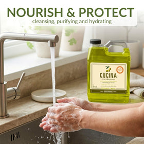 Cucina refill pouring into pump bottle to show waste‑reducing reuse benefit