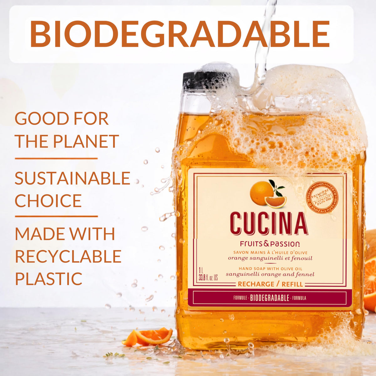 Cucina 1 L bottle on counter showing scale and long-lasting supply