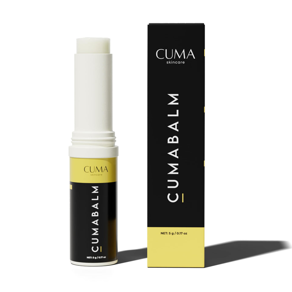 CUMA cumabalm front jar showing clean plant-based packaging and depuffing promise