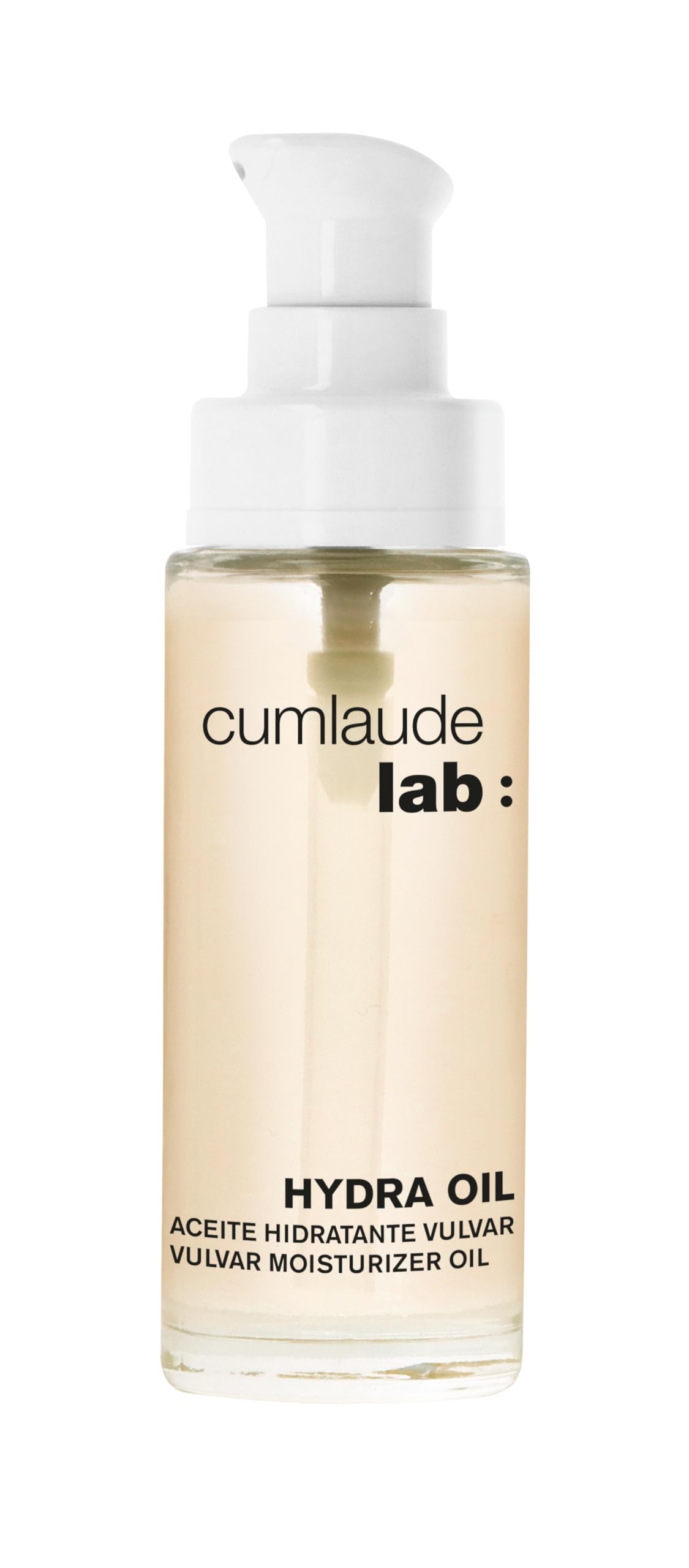 Cumlaude Hydra Oil front bottle view showing compact 30 ml dispenser and natural formulation benefits