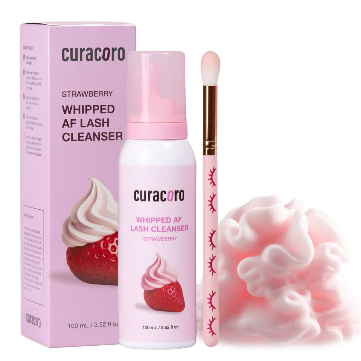 CURACORO front bottle showing strawberry scent and compact 100ml size benefit