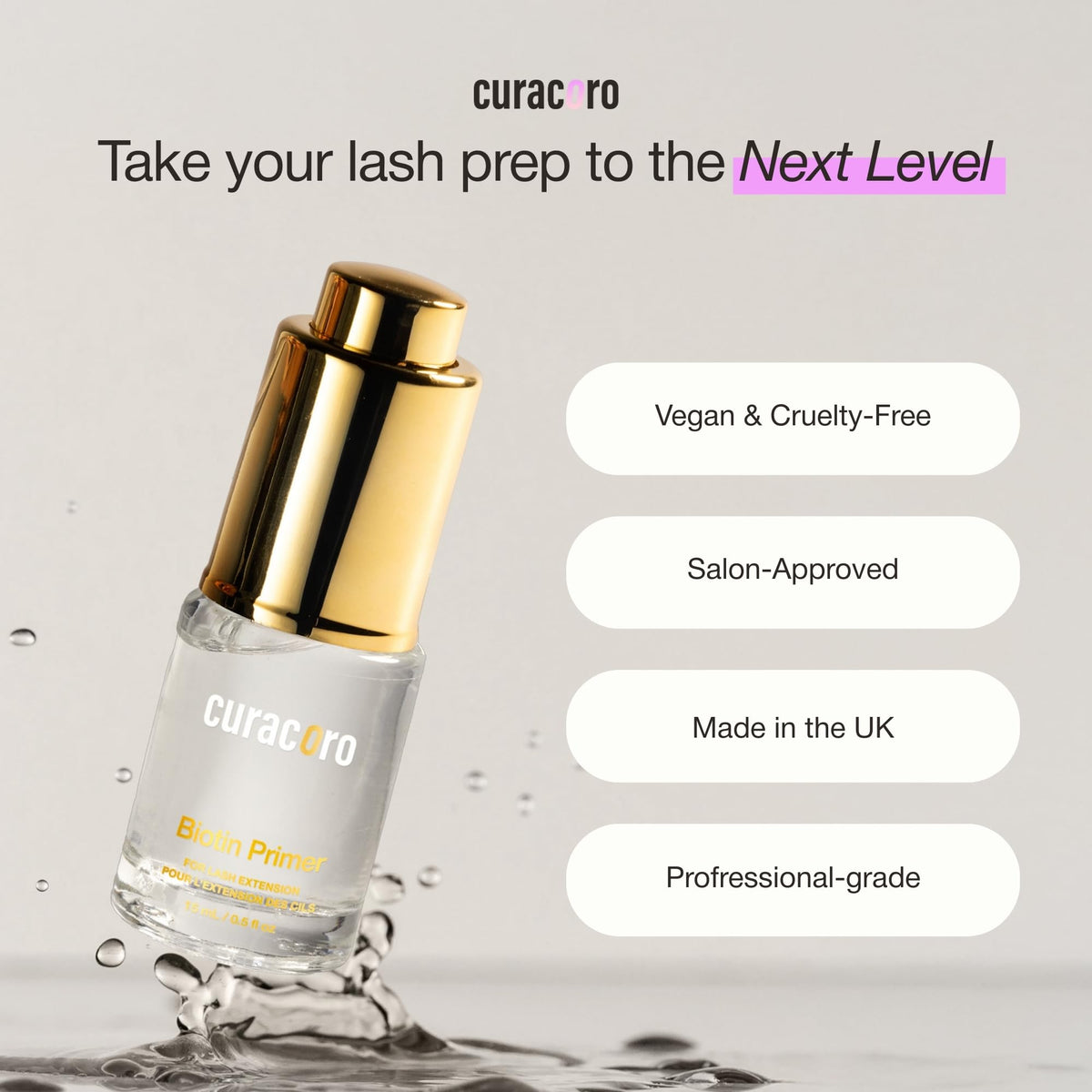 Curacoro close-up of matte glass vial highlighting leak-proof design